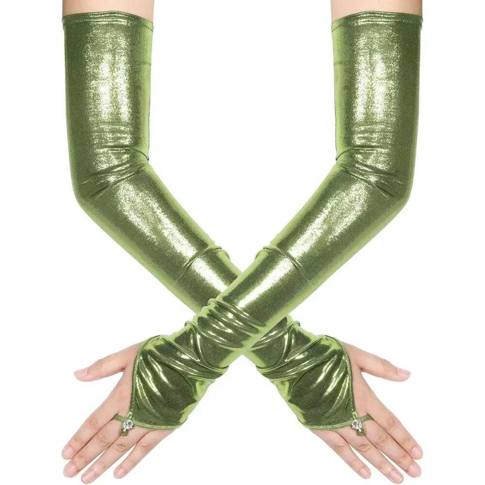 Women's Green Shiny Elastic Satin Rave Fingerless Long Gloves Party Costume